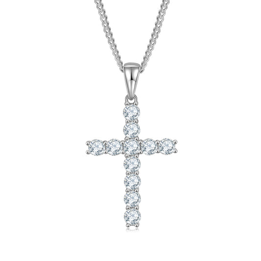 Gift For Parents. Classic Cross S925 Silver Moissanite Necklace + Side Chain-Grdeer